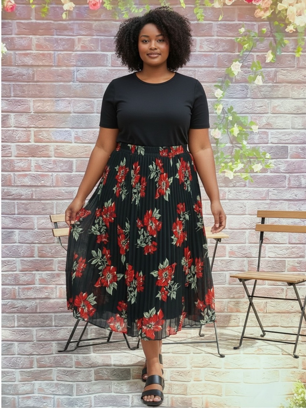 Sag harbor women’s Black Pleated Midi Skirt with Red Floral Print size M